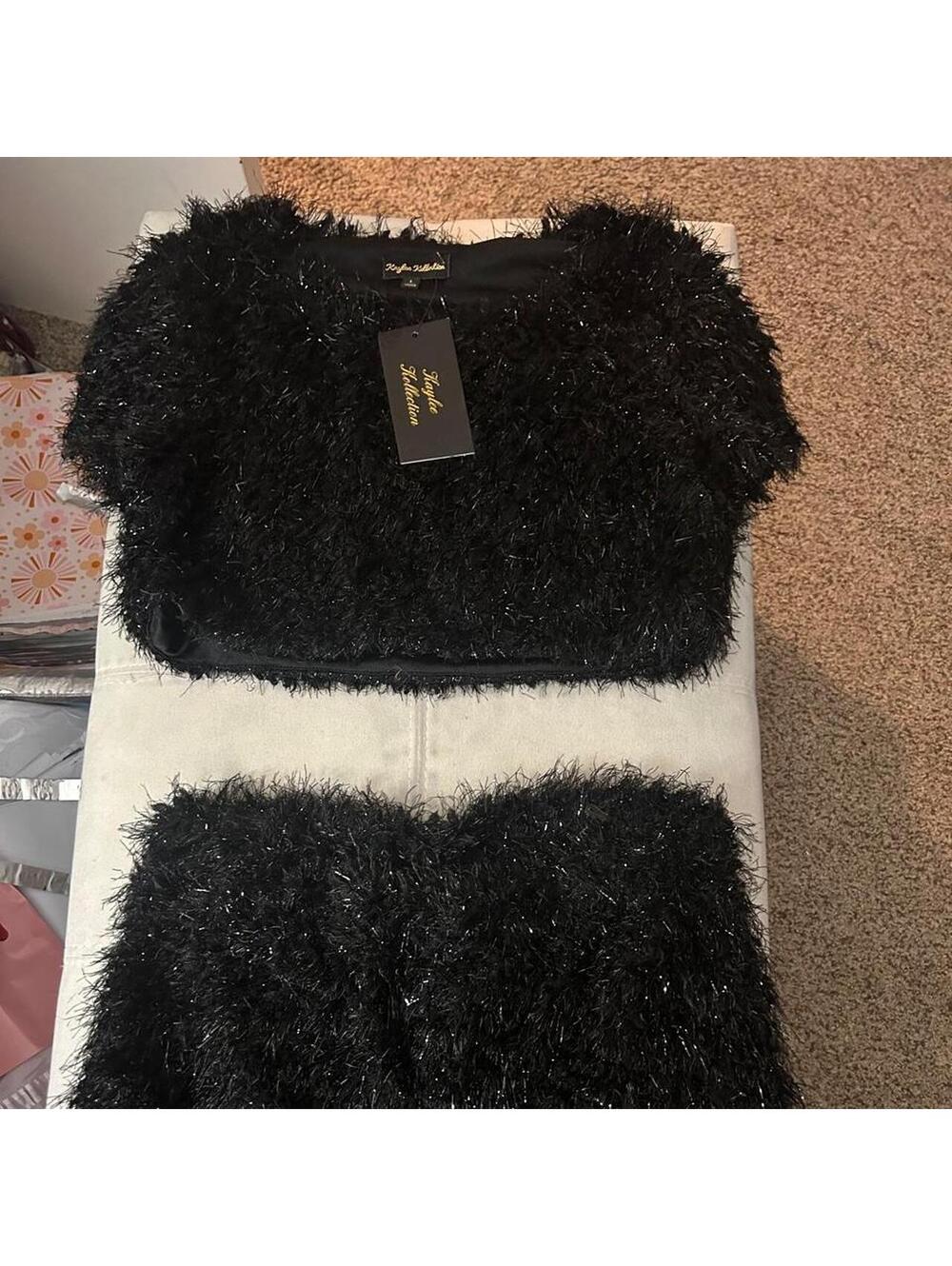 NWT Kaylee Kollection Black fuzzy crop top and pants outfit with size L